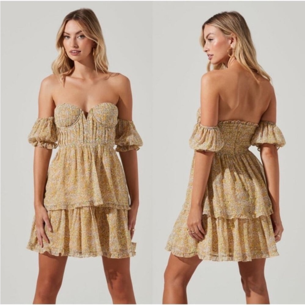 ASTR The Label Floral Two Tier Off the Shoulder Mini Dress Yellow Size Small